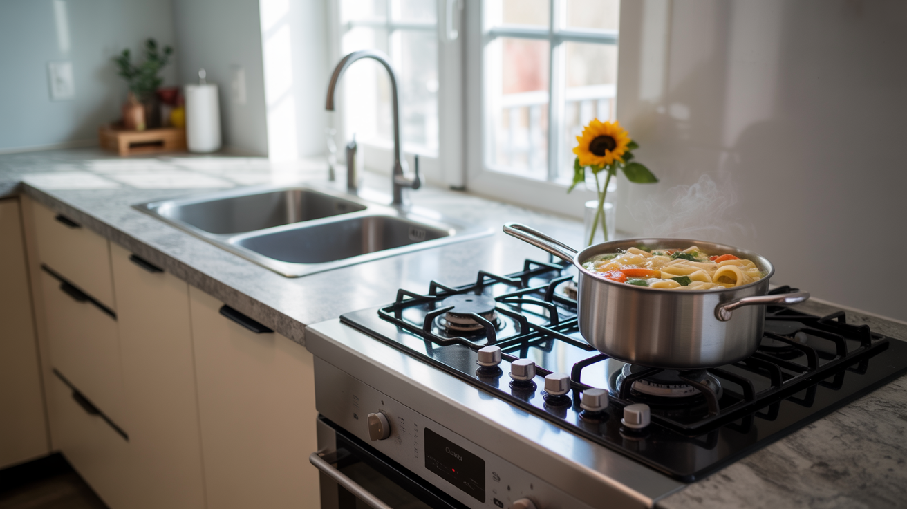 Kitchen With Sink And Stove On Same Wall